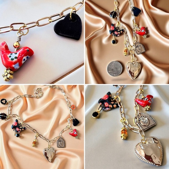 Charming Gold Toned Heart Necklace with Colorful Charms Ceramic Wood Enamel - Picture 3 of 14